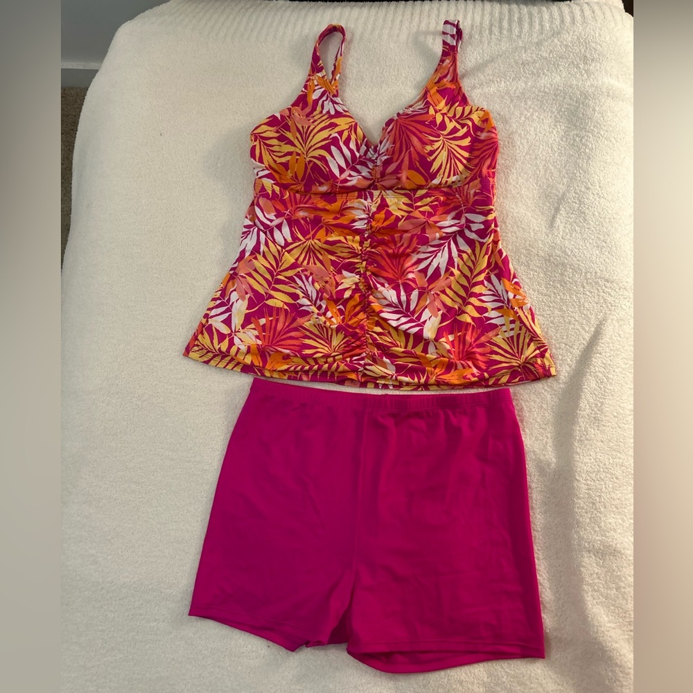 Belle by Kim Gravel Pink & Orange Tropical Tankini with Solid Pink Swim Shorts